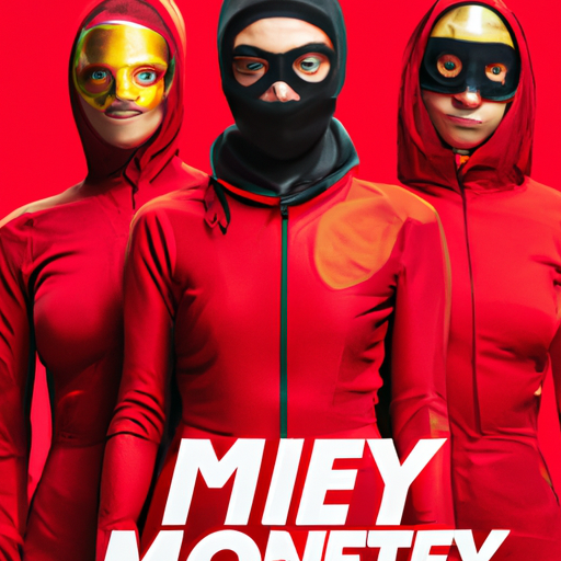 פוסטר פרסומי של 'Money Heist' הכולל את צוות השחקנים הראשי בסרבל האדום והמסכות האיקוניות שלהם