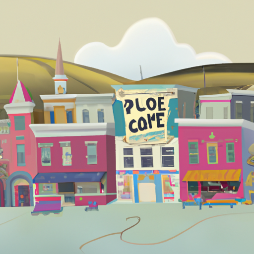 איור של התפאורה הייחודית של 'המקום הטוב', המראה את העיירה המוזרה בצבעי פסטל.