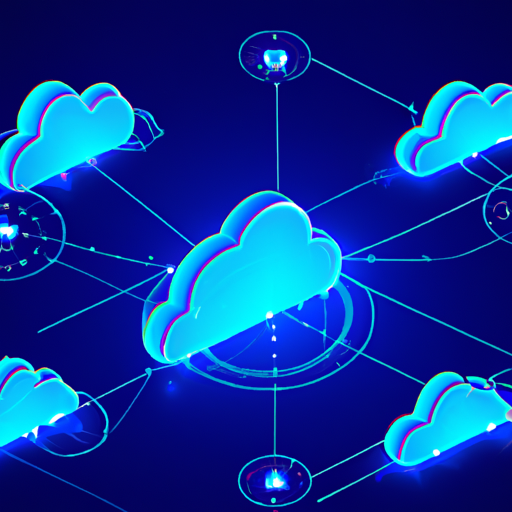 המחשה עתידני של מחשוב ענן, עם עננים דיגיטליים המחוברים ביניהם באמצעות רשת של מכשירים.